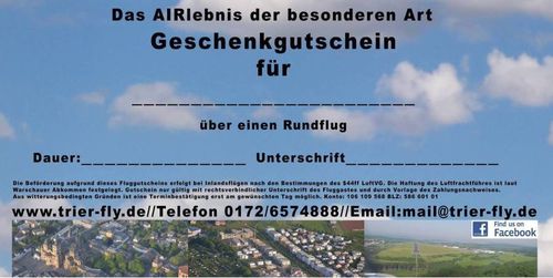 Der Mosel Rundflug ab Flugplatz Trier-Föhren (ca. 45 Min.) oder 45 Minuten nach Wahl.